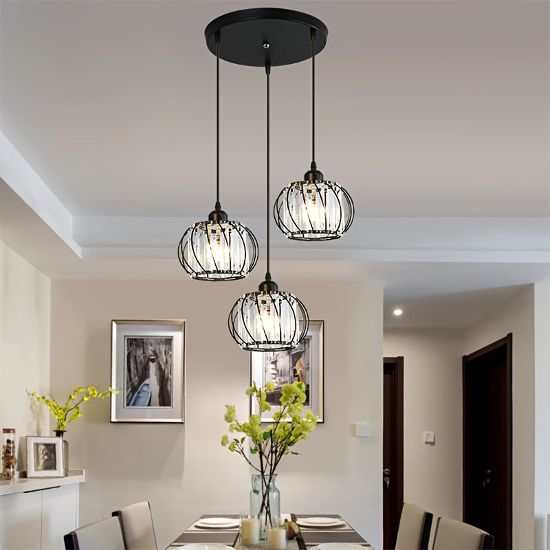 Lustre 3 globes en cristal et cage en métal, noir ou doré, E27