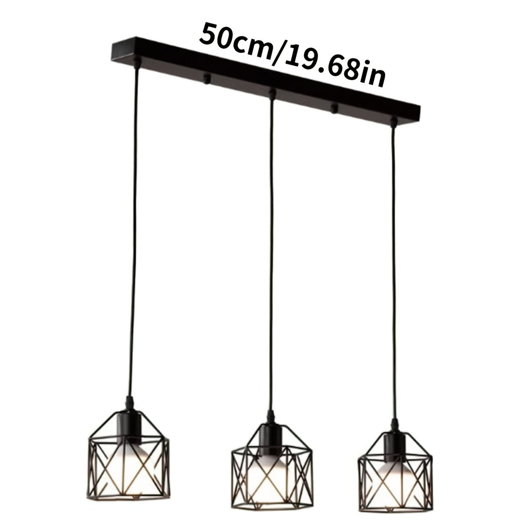 Suspension 3 cages noires sur barre de 50 cm, style industriel