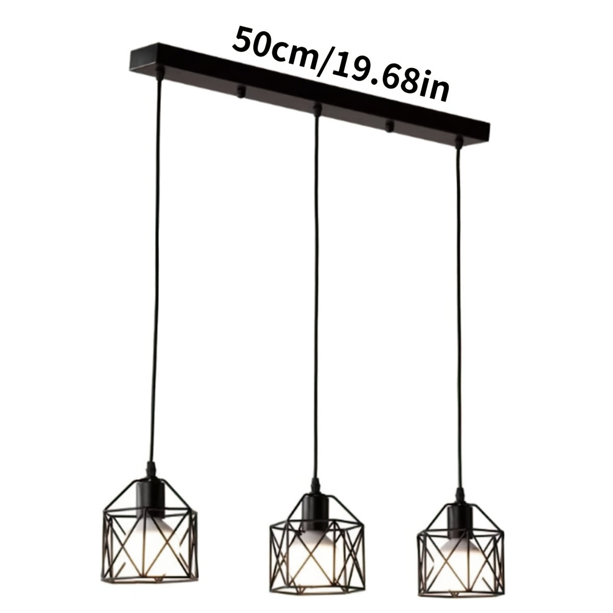 Suspension 3 cages noires sur barre de 50 cm, style industriel