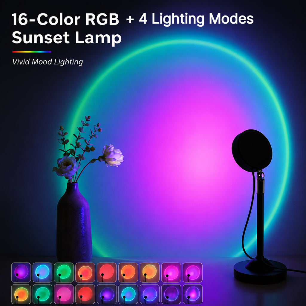 Lampe projecteur coucher de soleil orientable à 180°, 16 couleurs