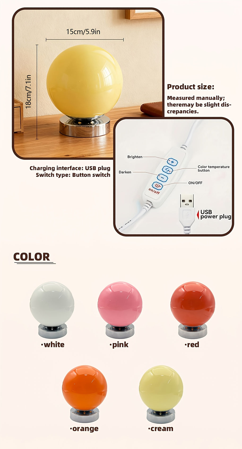 Lampe boule en verre rose sur socle chromé, USB et variateur