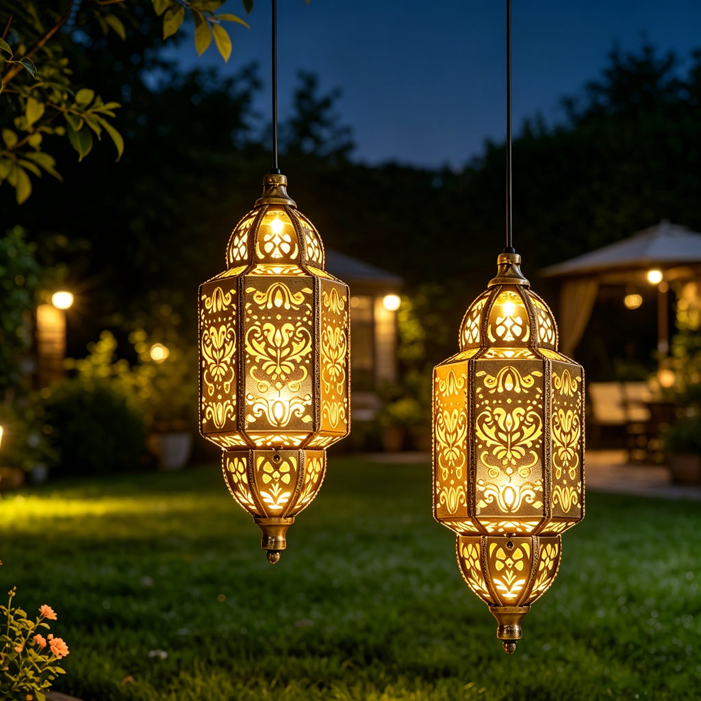 Lanterne solaire marocaine dorée à suspendre en métal, lot de 2