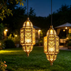 Lanterne solaire marocaine dorée à suspendre en métal, lot de 2
