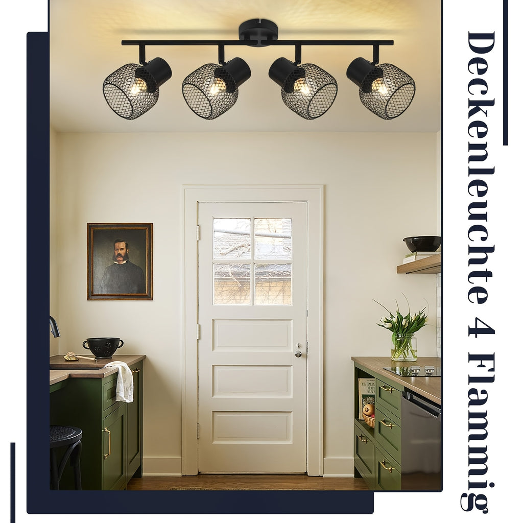 Plafonnier noir à spots grillagés E27, 3 ou 4 lumières, 50 à 64 cm