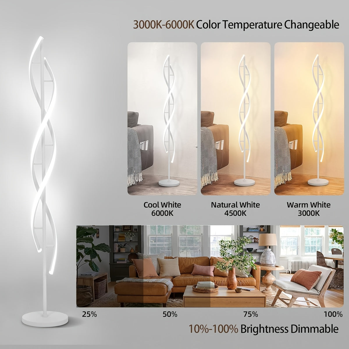 Lampadaire LED double hélice noir ou blanc, télécommande, 152 cm