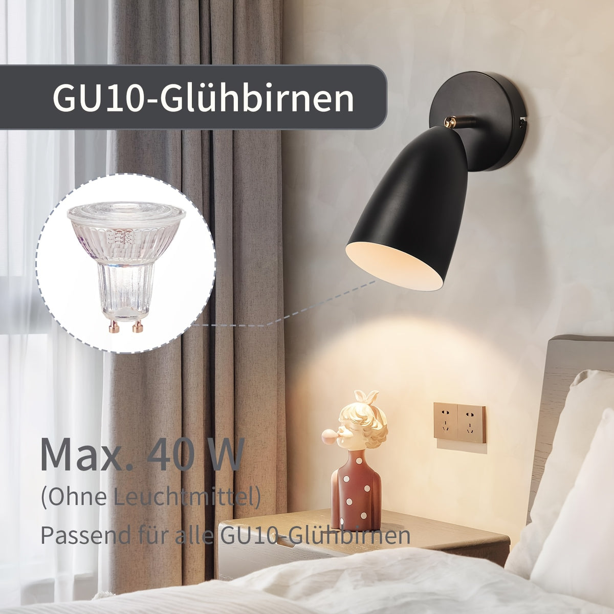 Applique murale spot orientable GU10, noir ou blanc, lot de 2