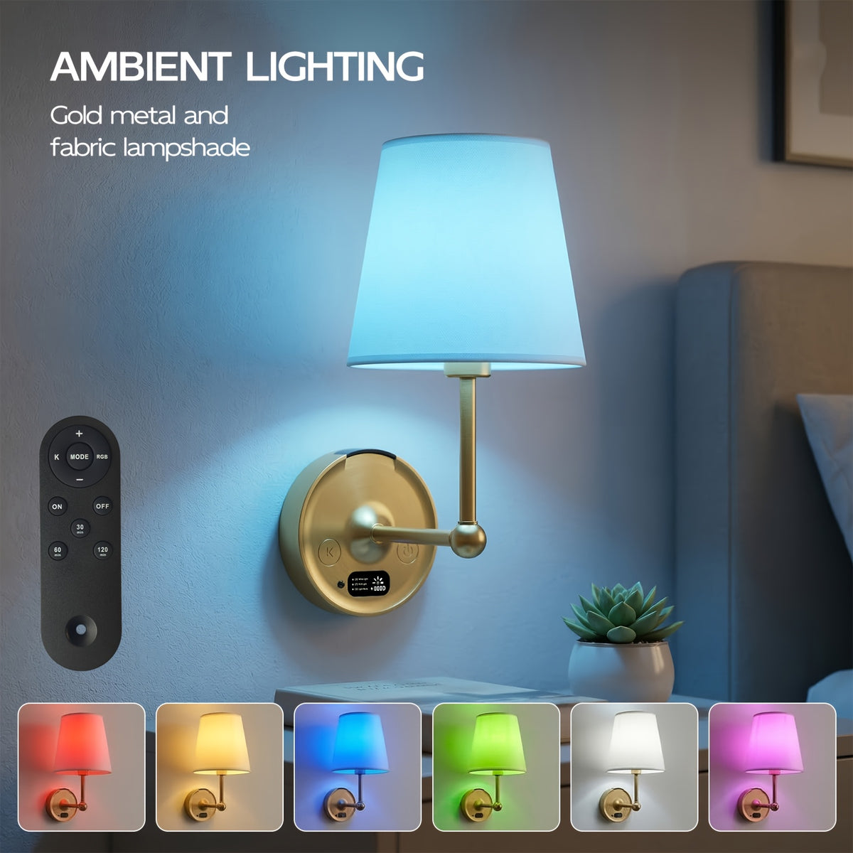 Applique murale sans fil rechargeable, RVB et télécommande, dorée