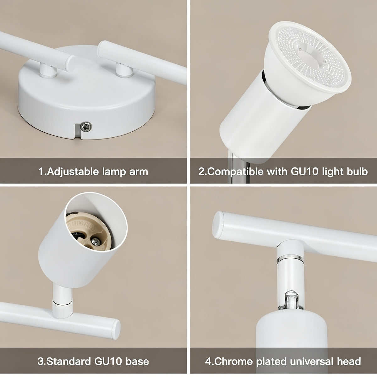 Spot de plafond blanc 4 têtes orientables sur barre de 62 cm, GU10