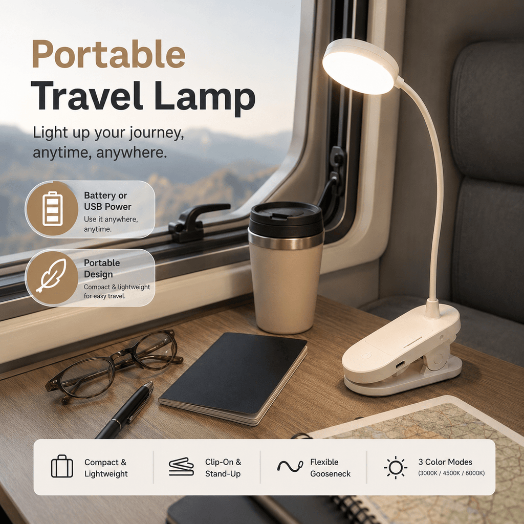 Lampe à pince à piles ou USB, tête ronde blanche de 8 cm
