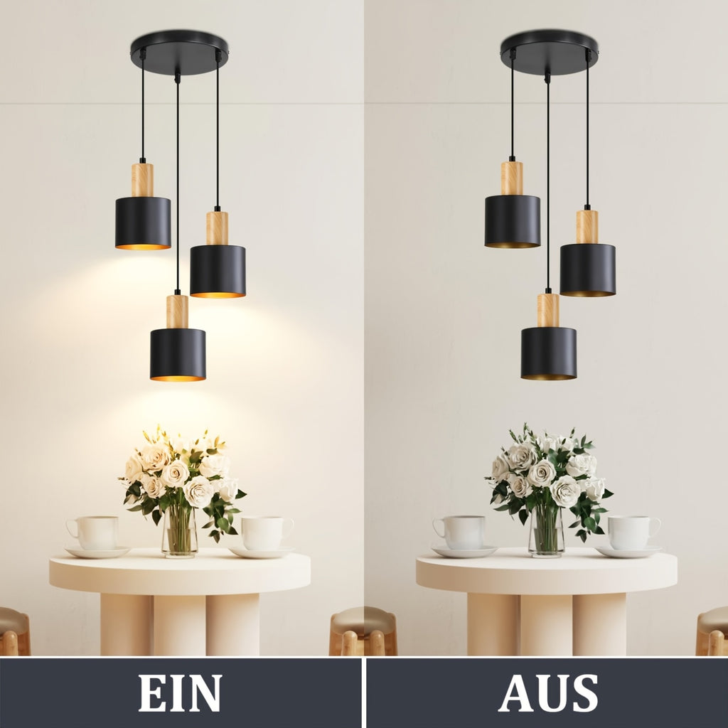 Suspension 3 abat-jour noirs à col effet bois, intérieur doré