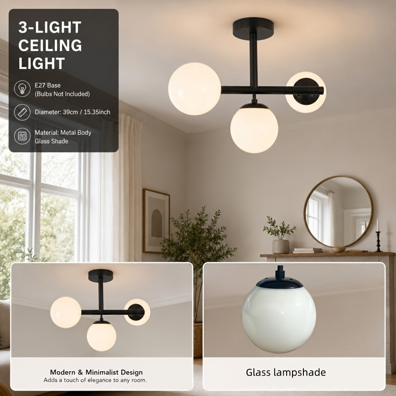 Plafonnier 3 globes en verre opalin, monture noire ou dorée, Ø 39 cm