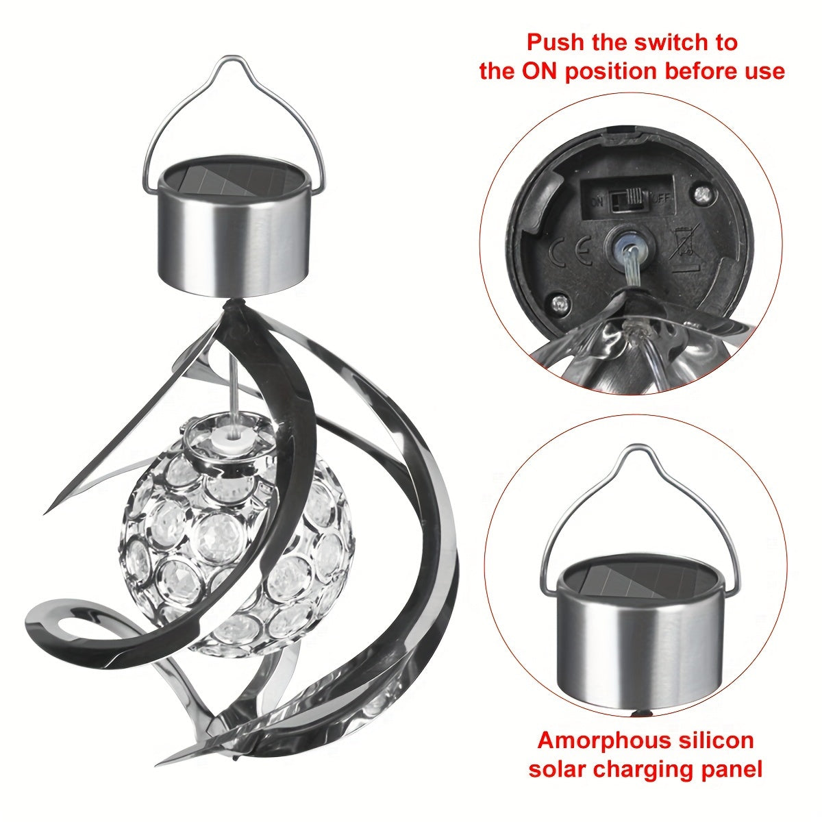 Suspension solaire spirale argentée à boule LED multicolore