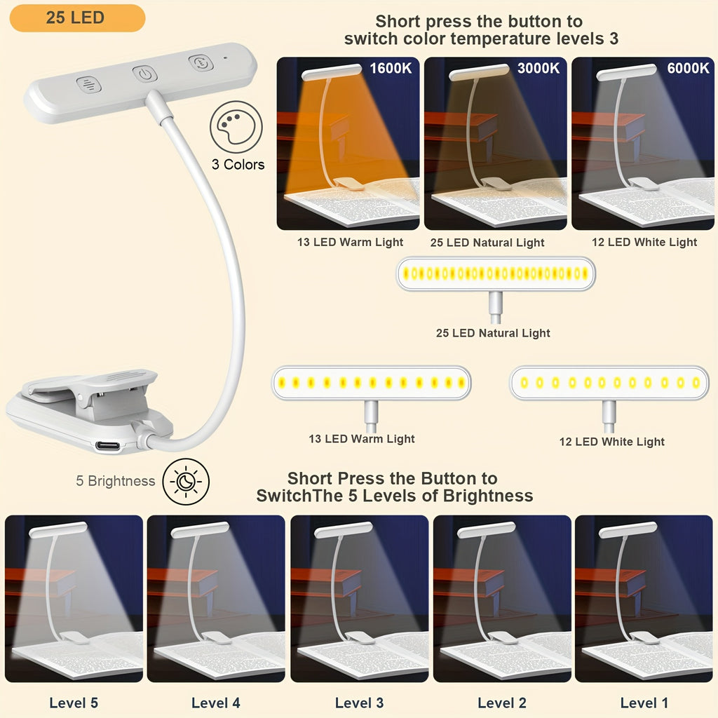 Lampe de lecture à pince barre 25 LED, minuterie, noire ou blanche