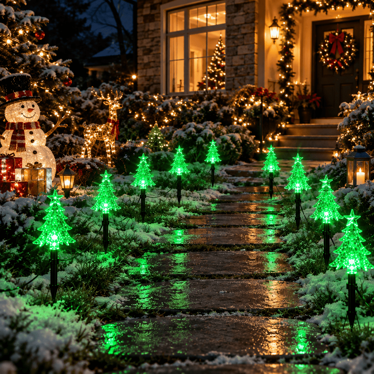 Guirlande de 10 sapins lumineux à piquer, lumière verte, à piles