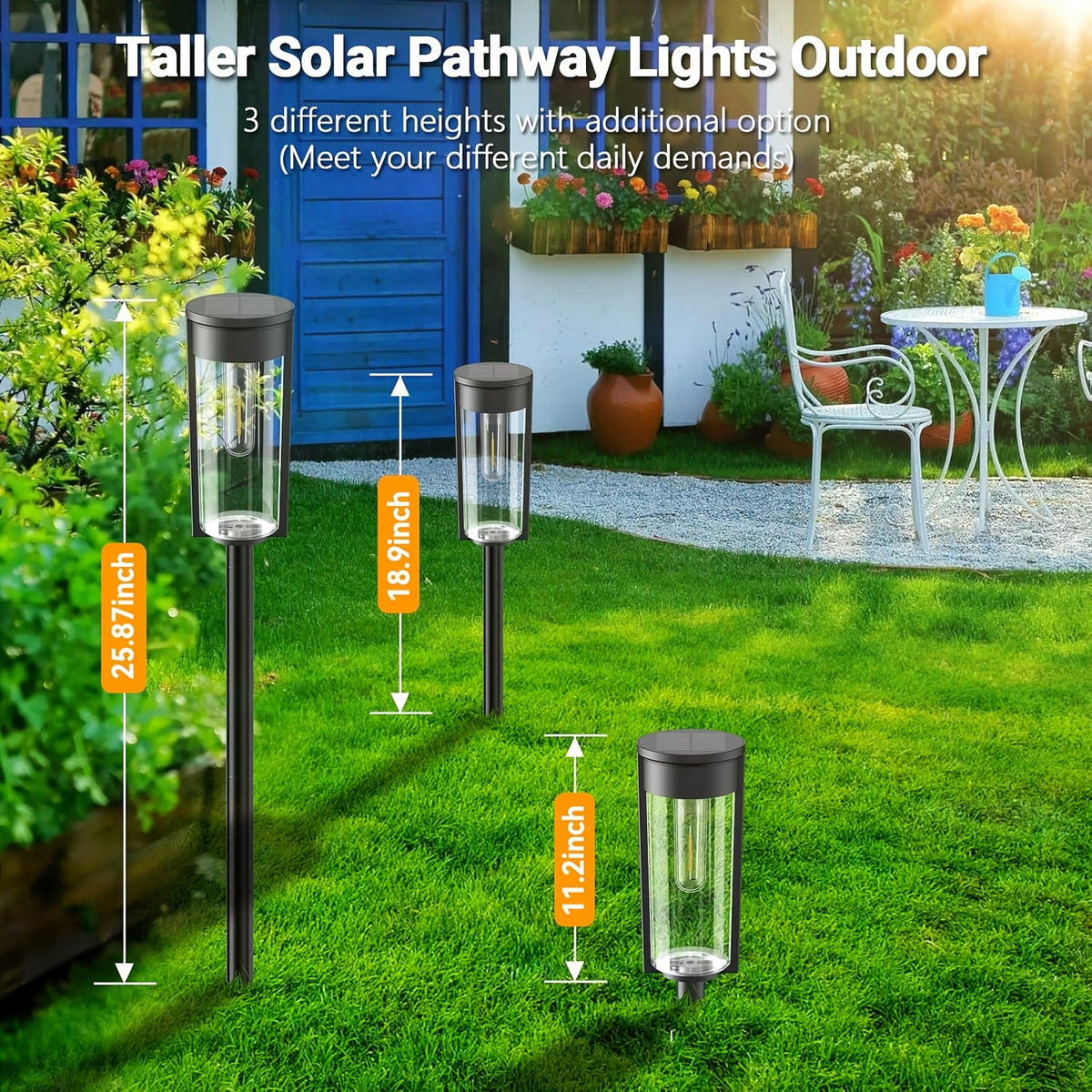 Lampe solaire d'allée à filament 2700K et 3 hauteurs, IPX5