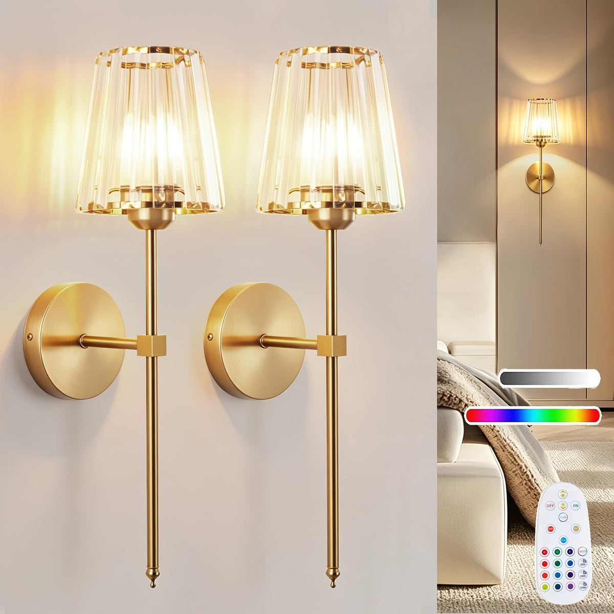 Lot de 2 appliques murales sans fil noires, abat-jour en cristal