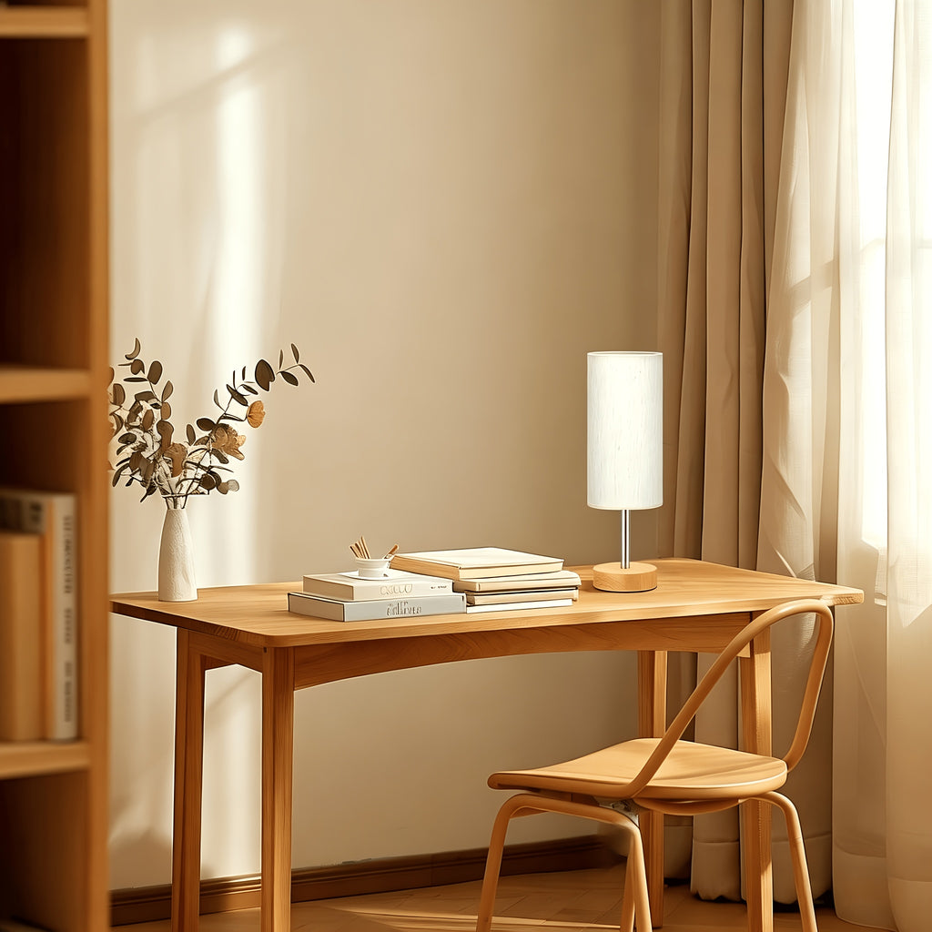Lampe de chevet tactile cylindre en tissu, socle aspect bois clair
