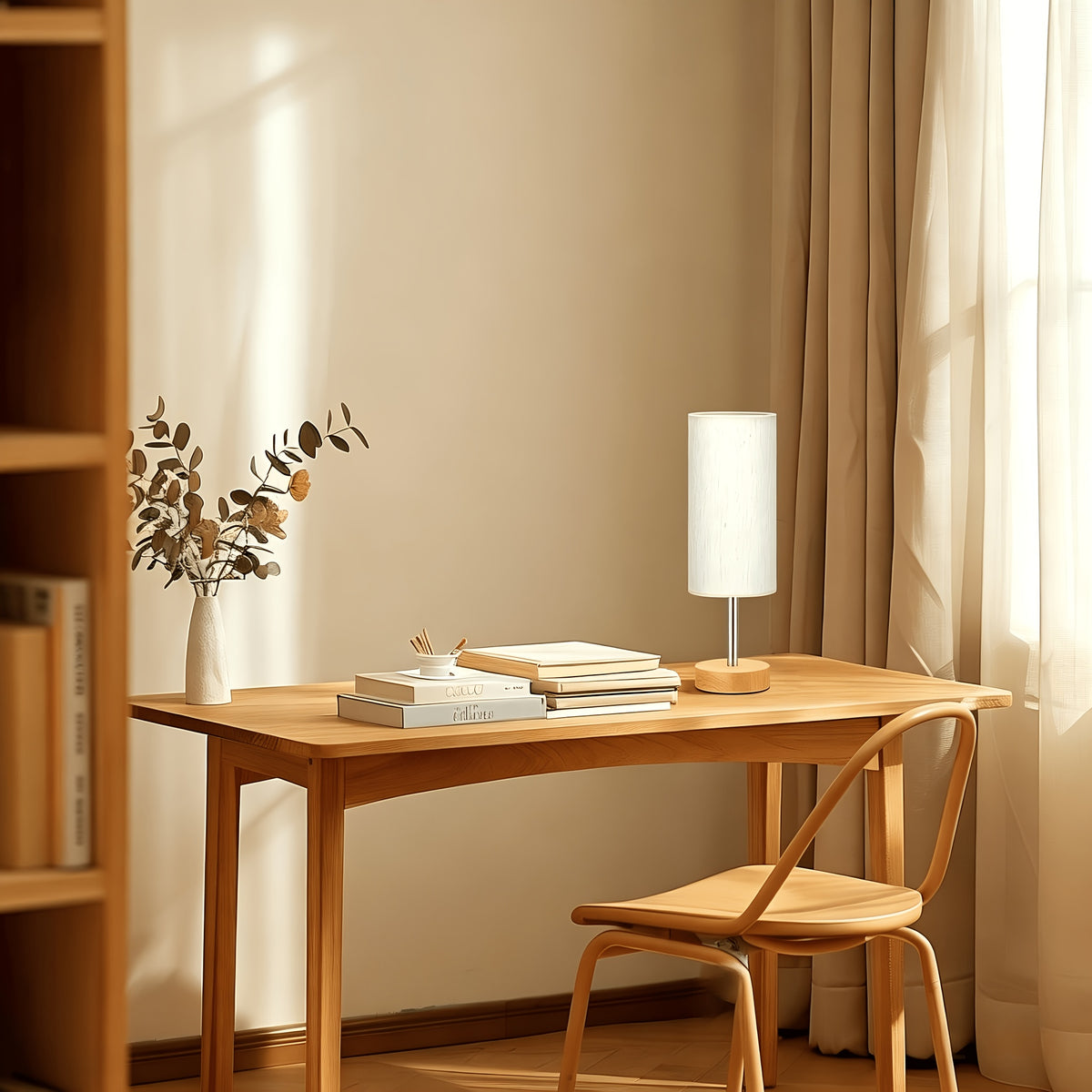 Lampe de chevet tactile cylindre en tissu, socle aspect bois clair