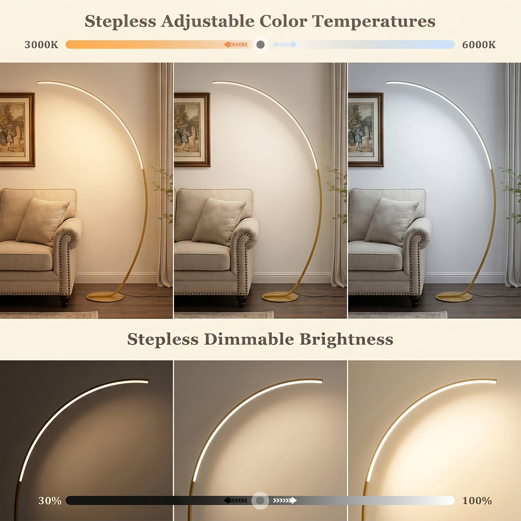 Lampadaire arc LED doré à télécommande, teinte réglable, 165 cm