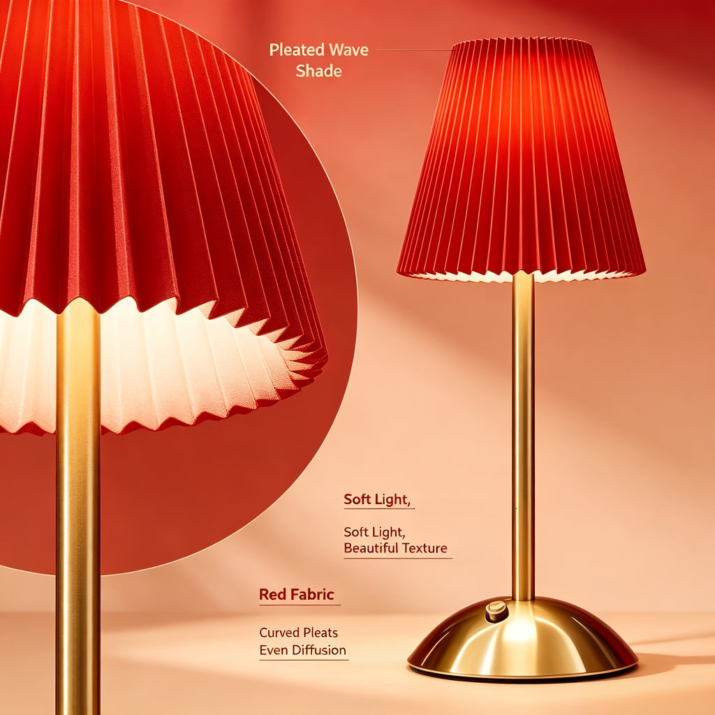 Lampe de chevet sans fil rouge, abat-jour plissé et pied doré