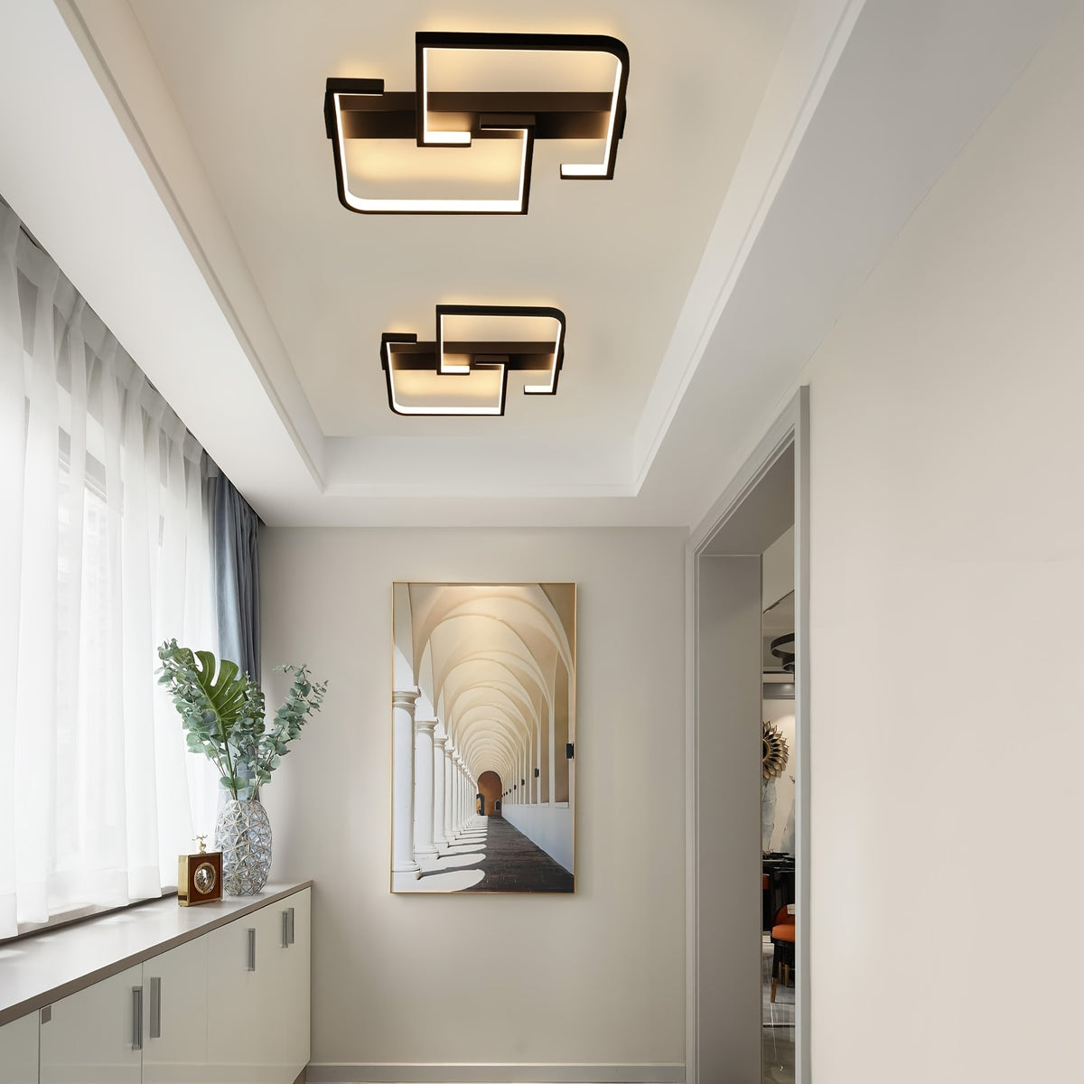 Petit plafonnier LED noir à cadres décalés 30 cm, blanc chaud
