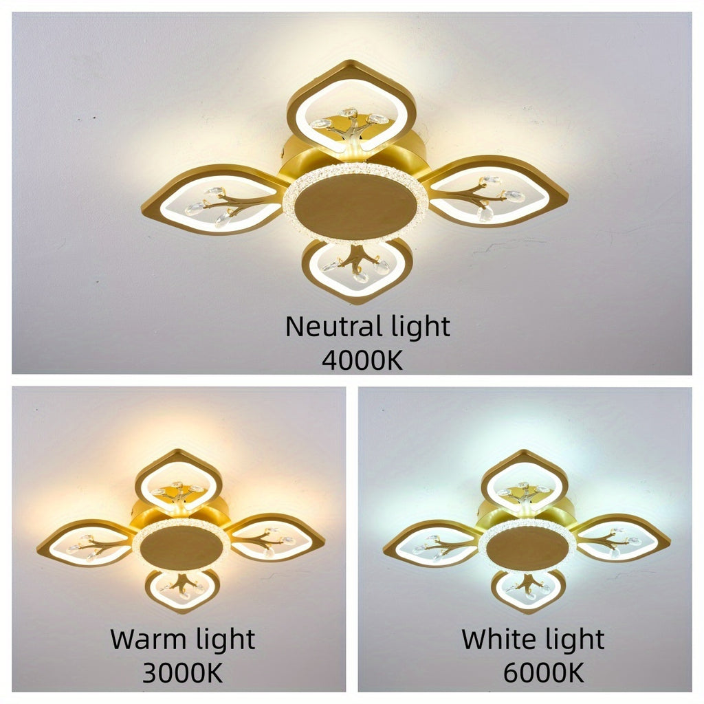Plafonnier LED à 4 feuilles scintillantes, doré, blanc ou noir