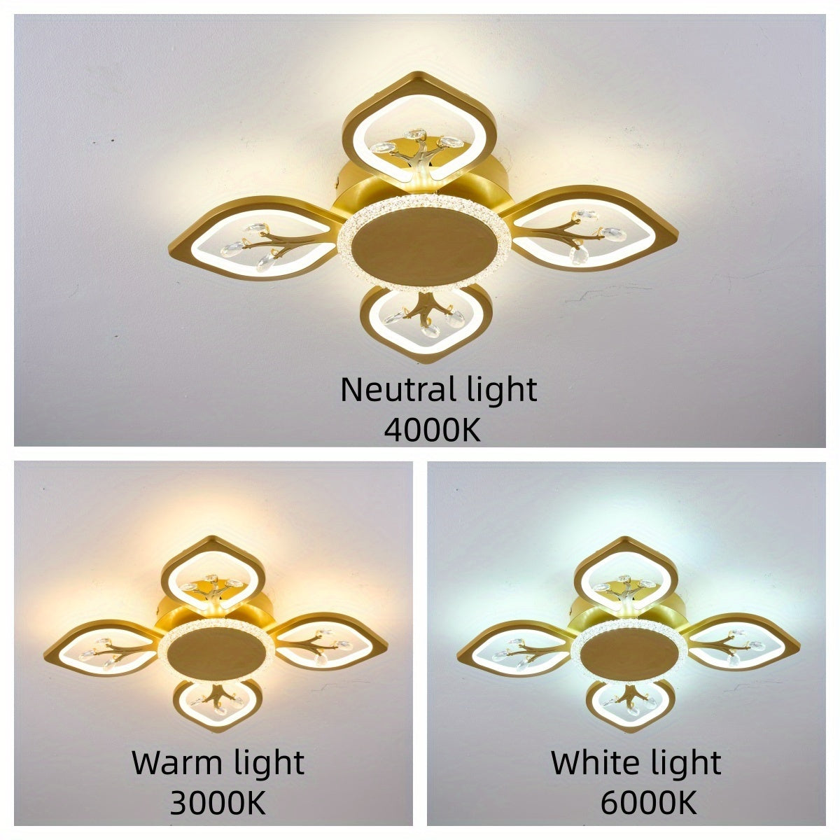 Plafonnier LED à 4 feuilles scintillantes, doré, blanc ou noir