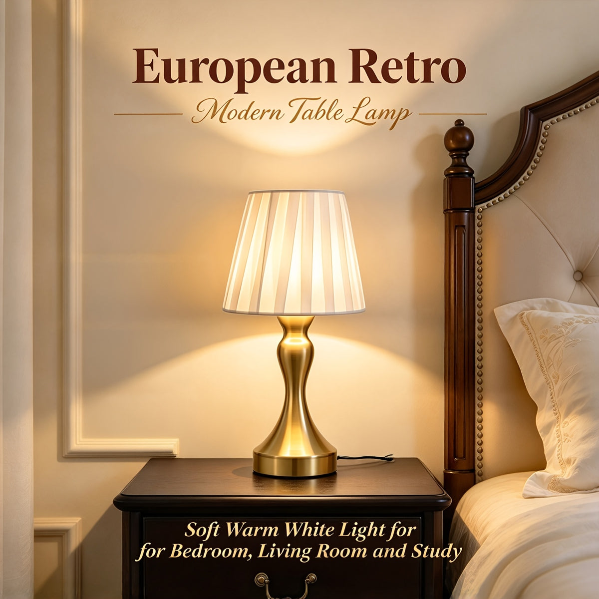 Lampe de chevet rétro au pied balustre doré, tissu plissé blanc, USB