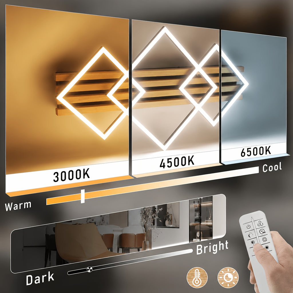 Plafonnier LED bois et cadres noirs, 2 ou 3 cadres, télécommande
