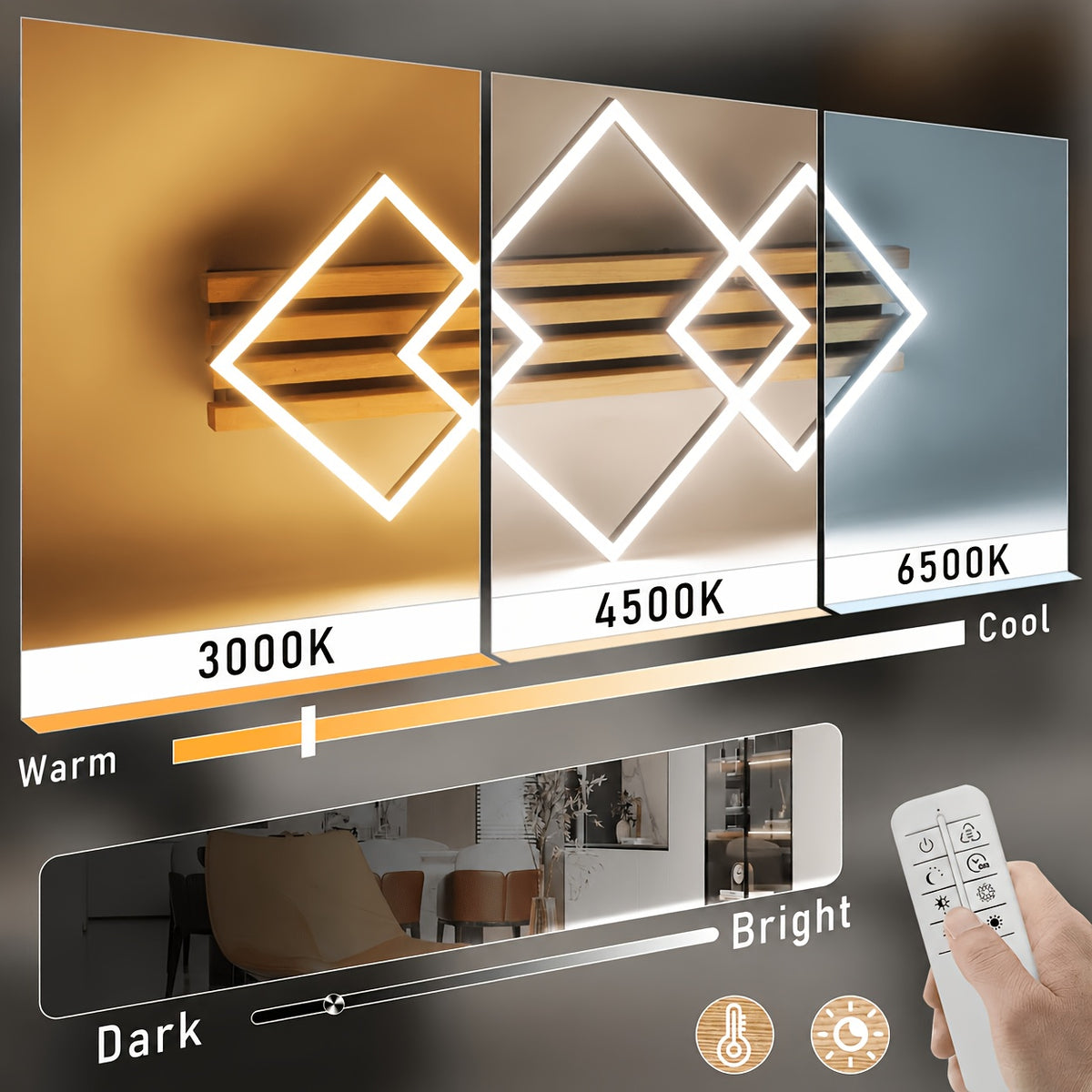 Plafonnier LED bois et cadres noirs, 2 ou 3 cadres, télécommande