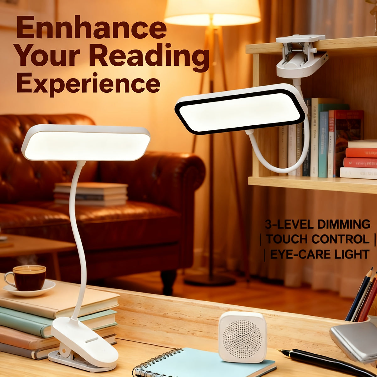 Lampe à pince rechargeable à tête rectangulaire, à poser ou fixer