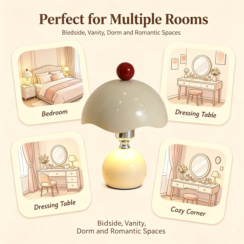 Lampe champignon crème en métal, chapeau ondulé et bouton rouge