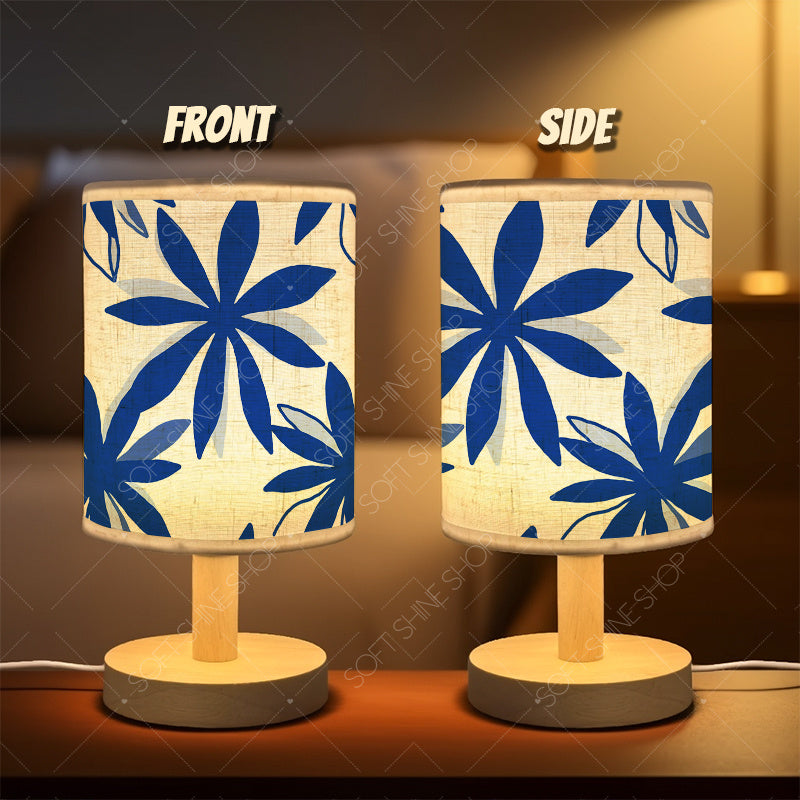Lampe de chevet en bois, abat-jour cylindre à fleurs bleues