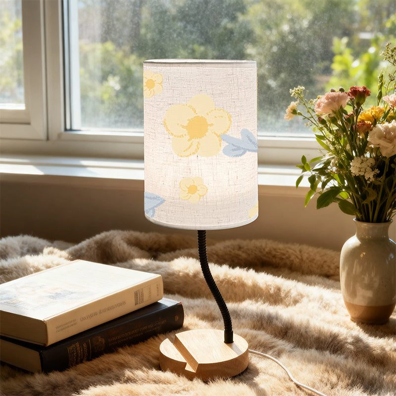 Lampe de chevet à fleurs jaunes, col flexible et socle porte-téléphone