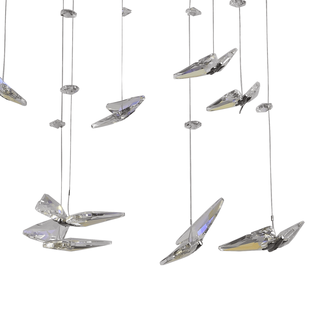 Lustre LED à deux anneaux de cristal et papillons suspendus, chromé