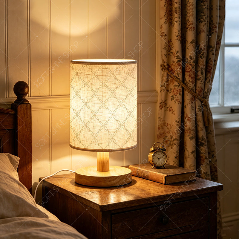 Lampe de table en tissu à motif géométrique, socle effet bois