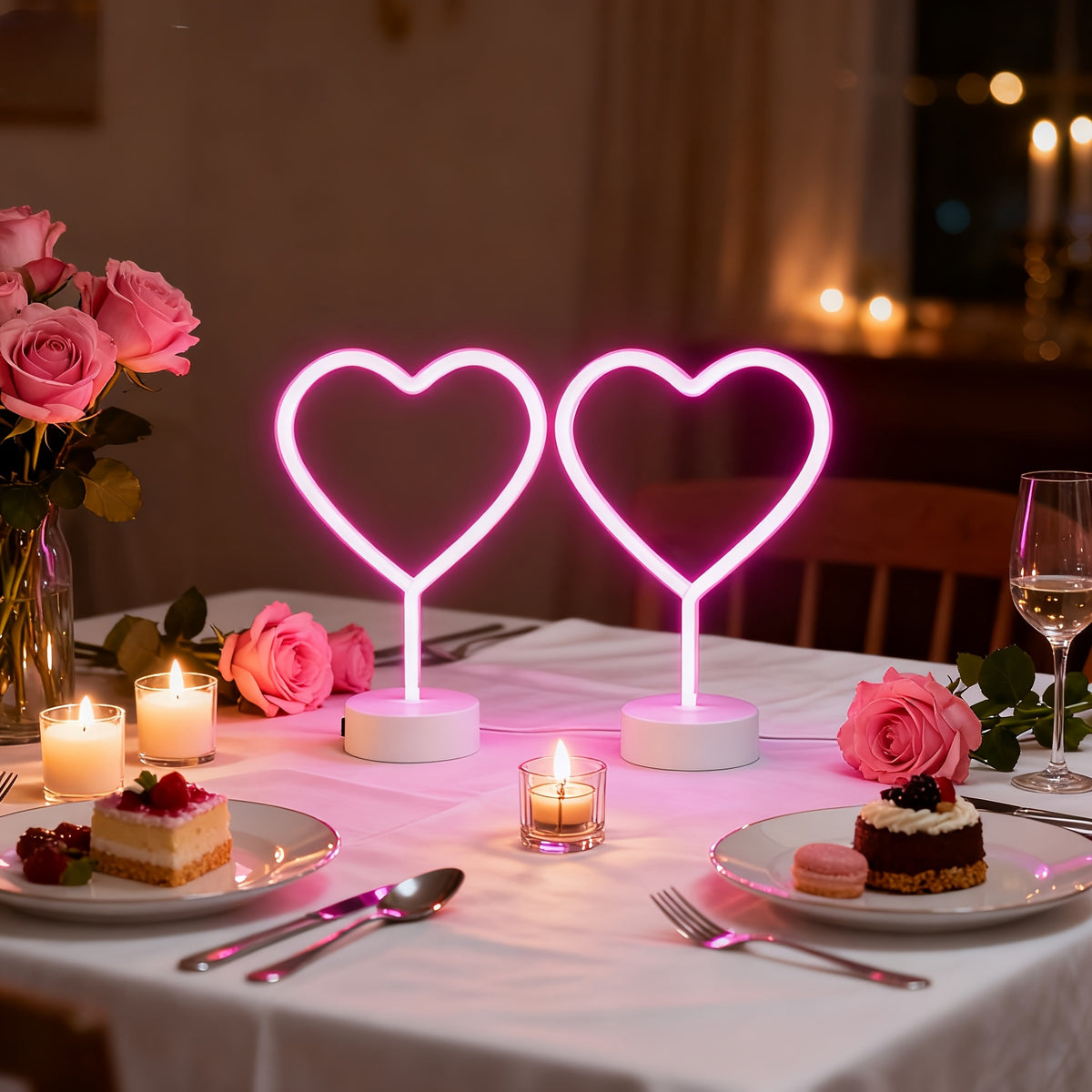 Lampe néon cœur rose sur socle, à piles, 30,5 cm de haut