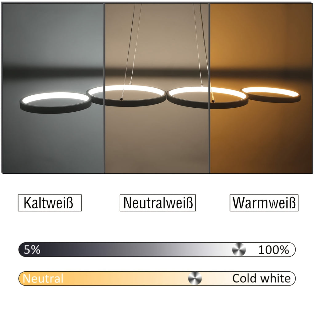 Lustre LED à quatre anneaux en ligne, 88 cm, blanc ou noir