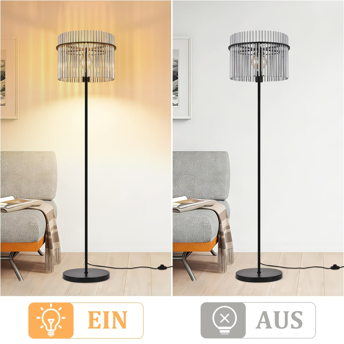 Lampadaire noir à abat-jour en baguettes de verre teinté, 154 cm