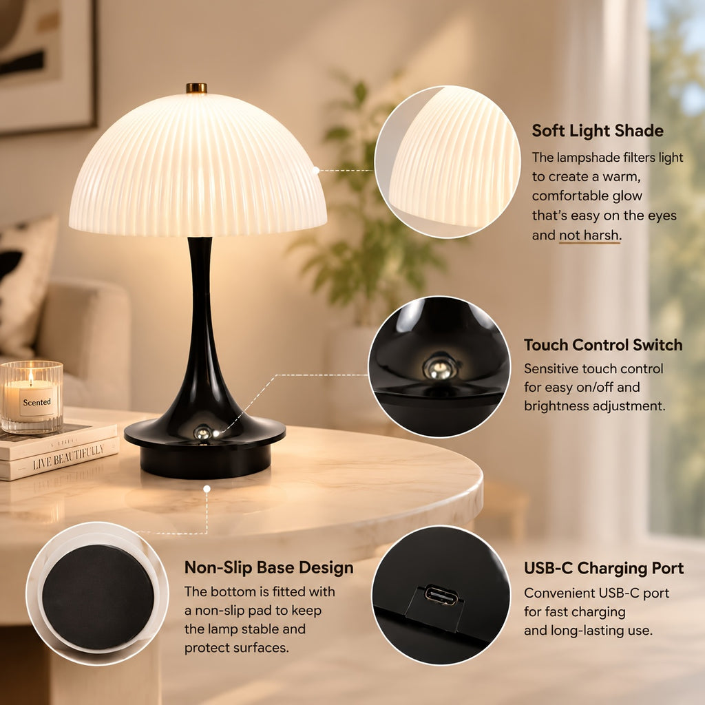 Lampe champignon sans fil à dôme nervuré, pied noir, blanc ou orange