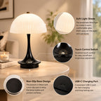 Lampe champignon sans fil à dôme nervuré, pied noir, blanc ou orange
