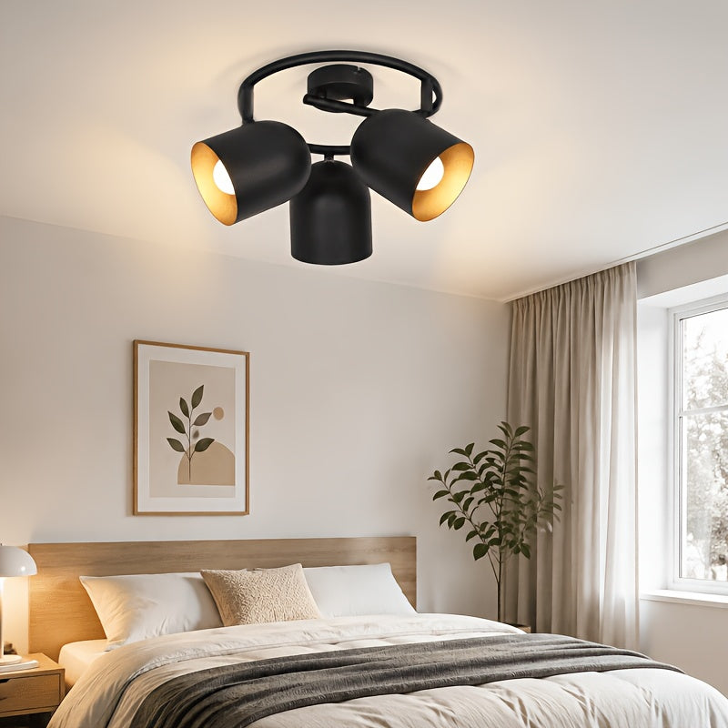 Plafonnier 3 spots noirs à intérieur doré, E14 orientables, 25 cm