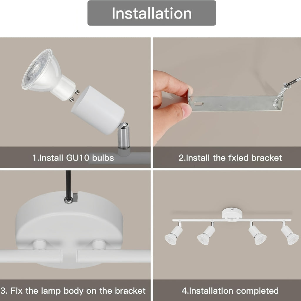 Spot de plafond blanc 4 têtes orientables sur barre de 62 cm, GU10
