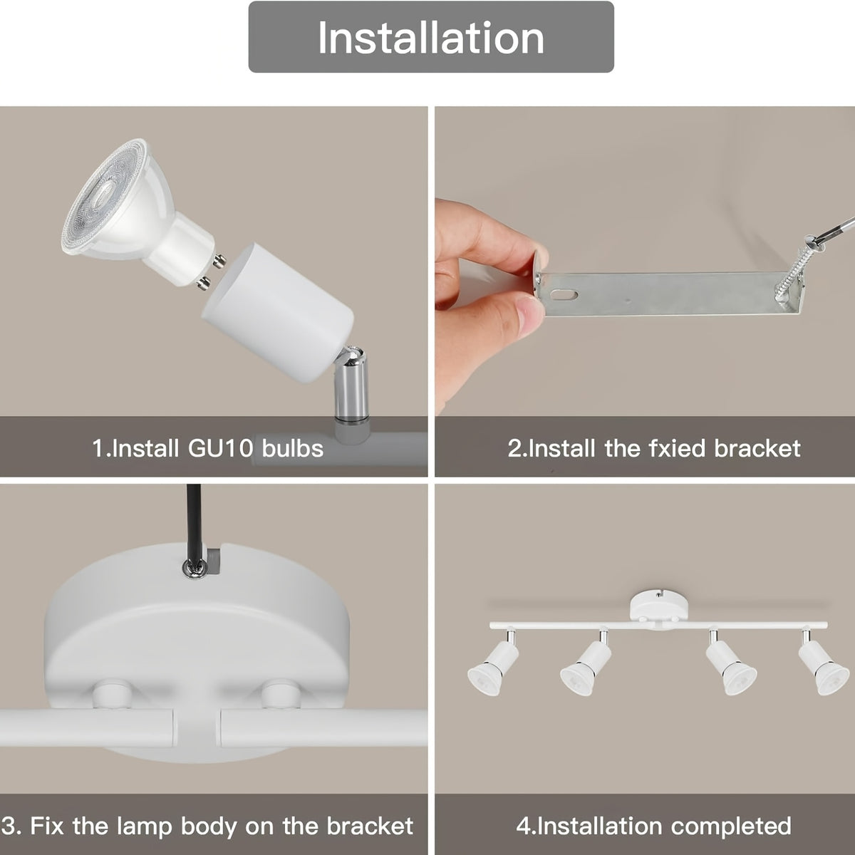 Spot de plafond blanc 4 têtes orientables sur barre de 62 cm, GU10