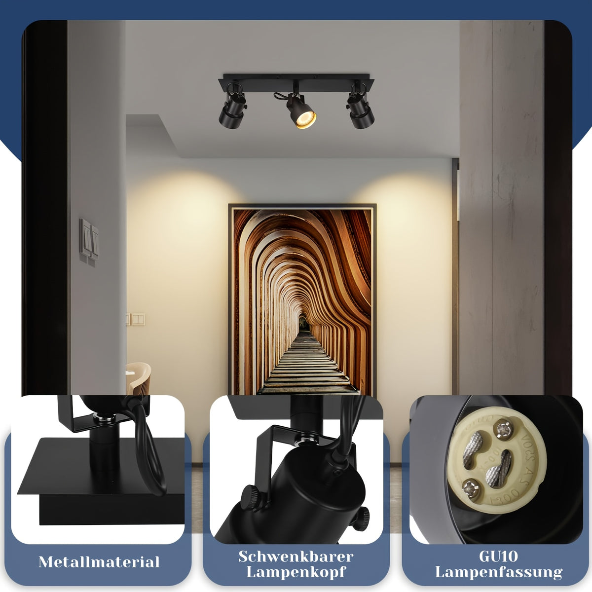 Spot de plafond noir orientable GU10, simple ou barre de 3 spots