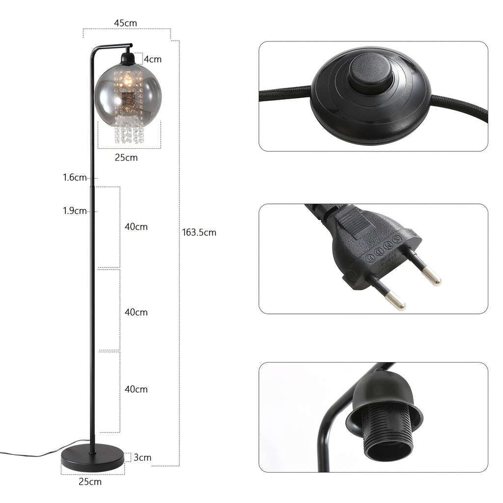 Lampadaire noir à globe en verre fumé et pampilles, 163,5 cm