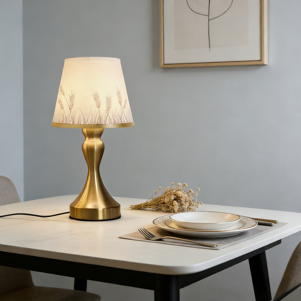 Lampe de chevet pied doré galbé, abat-jour imprimé épis de blé