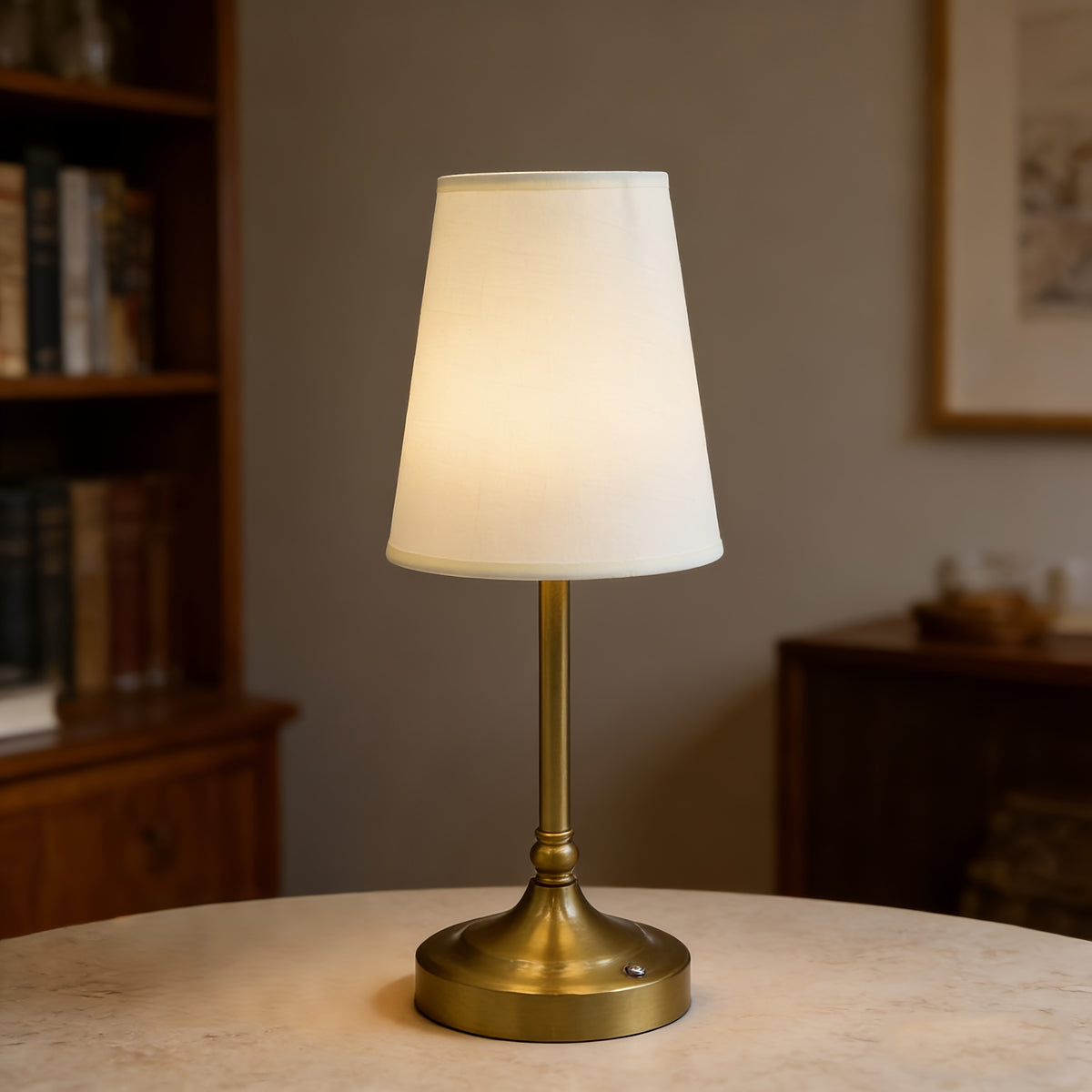 Lampe de table sans fil bronze doré, abat-jour tissu 36 cm, tactile