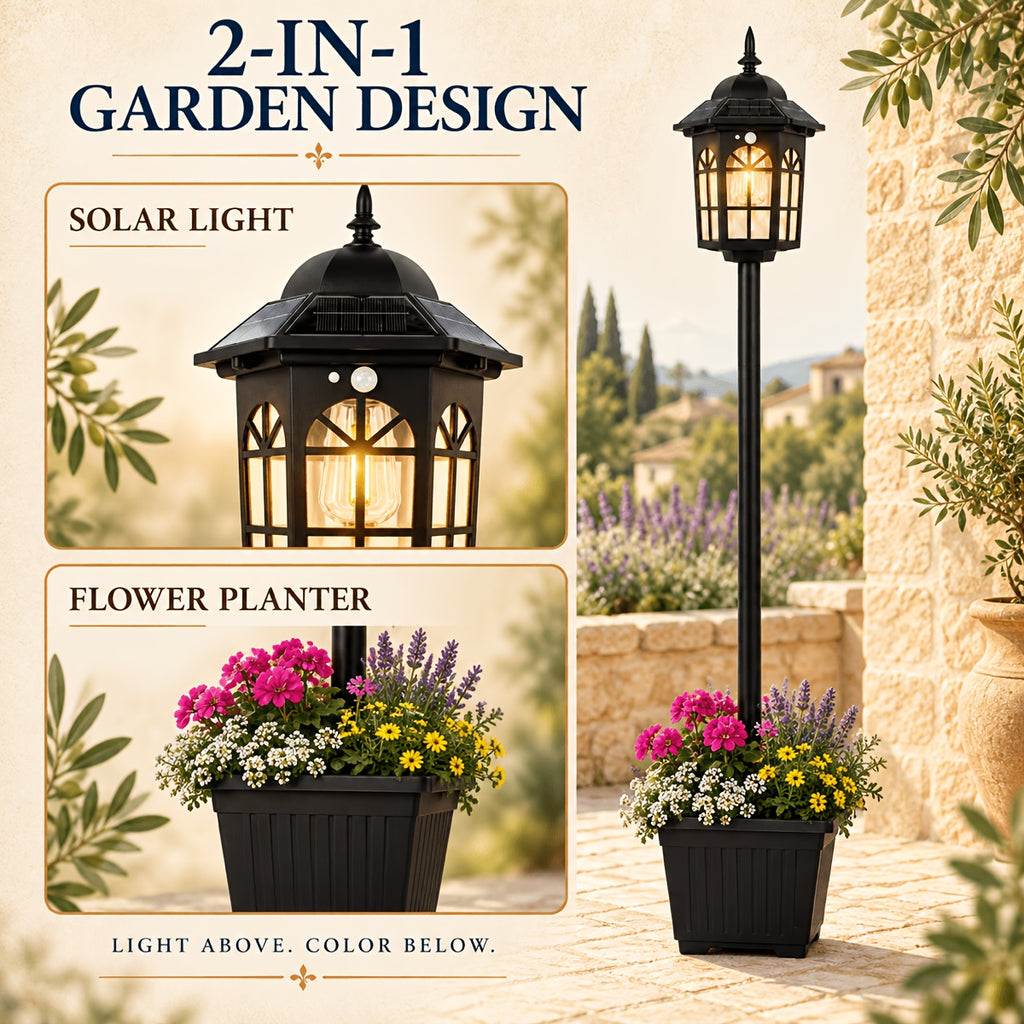 Lampadaire solaire de jardin à lanterne carrée et jardinière