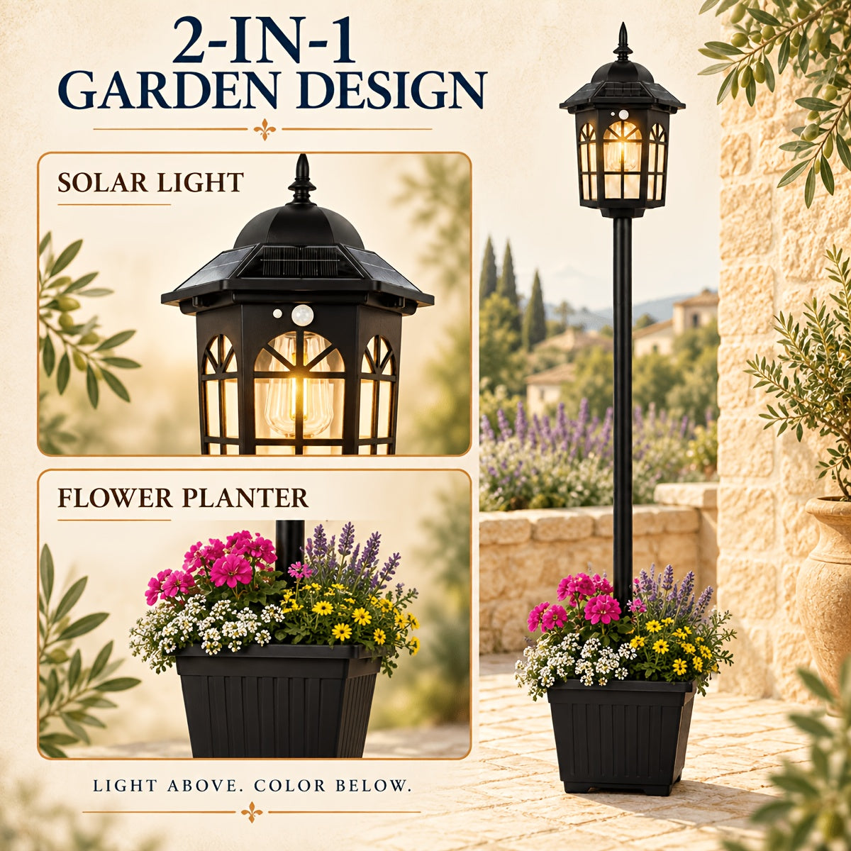 Lampadaire solaire de jardin à lanterne carrée et jardinière